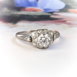 Antique Diamond Engagement Ring Circa 1930's Edwardian .61ct.tw. Old European Cut Diamond Hand Engraved Unique Wedding Ring Platinum