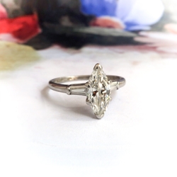 Vintage Marquise Cut Engagement Ring Retro 1950's 1.01ct t.w. Diamond Three Stone Anniversary Wedding Antique Ring Platinum