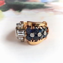 Retro 3.46ct.tw. Sapphire Flower and Diamond Cocktail Ring 14K Yellow and Rose Gold Platinum