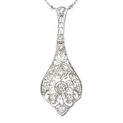 Sale - Rock Crystal Quartz Necklace - Art Deco 14K White Gold Diamond Pendant - Vintage Circa 1930s Era Statement Filigree Fine 30S Jewelry No Chain