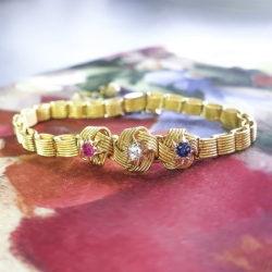 Antique Bracelet Victorian 1890s Old Mine Cut Diamond Blue Sapphire Ruby Knot 14k Yellow Gold Bracelet Fits 6' Wrist