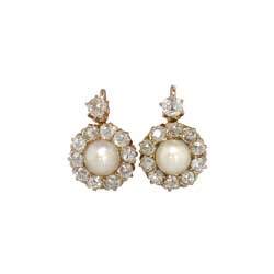 Beautiful Victorian Old Mine Cut Diamond & Pearl Earrings 14k