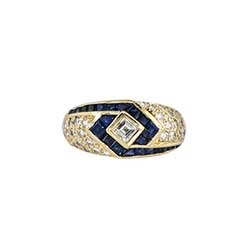 Beautiful 1980's Asscher Diamond & Calibre Cut Blue Sapphire Ring 18k