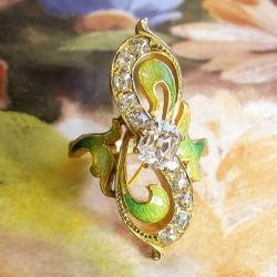 Antique Diamond Ring Art Nouveau 1900's Green Enamel Peruzzi Cushion Cut Old Mine Cut Diamond 18k Yellow Gold Ring