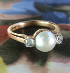 Elegant 1940's Pearl & Old Mine Cut Diamond Swedish Three Stone Ring 18k/SS