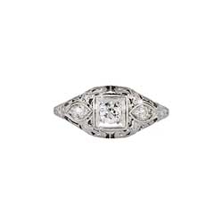 Elegant .22ct t.w. Art Deco Three Stone Old European Cut Diamond Filigree Engagement Ring Platinum