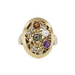 Arts & Crafts Style 1950's Mixed Gemstone Hand Engraved Cocktail Ring 8k