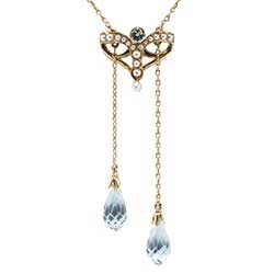 Lovely 4ct t.w. 1940's Aquamarine Briolette & Seed Pearl Lariat Necklace 14k