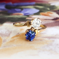 Antique Victorian 1890's Blue Sapphire & Old Mine Cut Diamond Bypass Engagement Birthstone Anniversary 18k Rose Yellow Gold