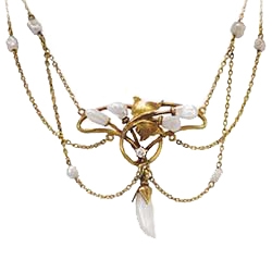Romantic Art Nouveau Festoon Freshwater Baroque Pearl & Old European Cut Diamond Necklace 14k