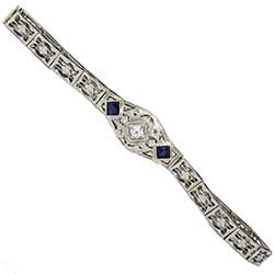 Intricate Art Deco Old European Cut Diamond, Lab Sapphire & Filigree White Gold Bracelet 14k