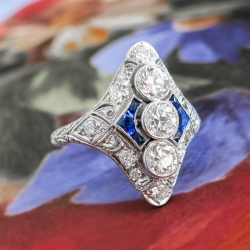 Vintage Diamond Sapphire Ring Art Deco 1930's Old European Cut Diamond Blue Sapphire Filigree Cocktail Birthstone Anniversary Ring Platinum