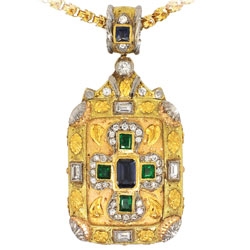 Extraordinary Estate 2.32ct t.w. Ornate Solid Sapphire, Emerald & Diamond Pendant 18k Gold