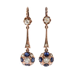 Art Deco 2.94ct t.w. Old Mine Cut Diamond & Natural Sapphire Chandelier Earrings 18k Rose Gold