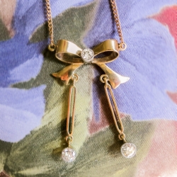 Antique Art Nouveau 1900's Old European Cut Diamond Bow Motif 14k 10k Rose White Gold Necklace Pendant