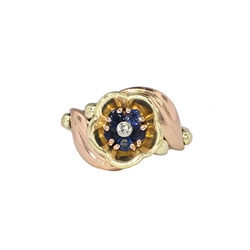 Estate Tiffany & Co. 1950's Sapphire Diamond Floral Design Ring Tri Gold 14k