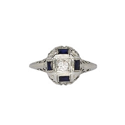 Art Deco Delicate .20ct t.w. Diamond Sapphire Filigree Engagement Ring 14k