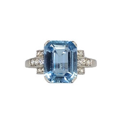 Geometrical Elegance 4.64ct t.w. 1940's Emerald Cut Aquamarine & Diamond Ring Platinum
