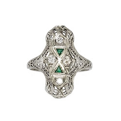 Rare 1930's Art Deco Old European Cut Diamond & Green Emerald Glass Filigree Ring 18k