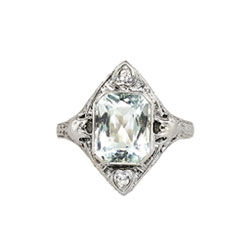Art Deco 1930's 3.02ct t.w. Aquamarine & Diamond Filigree Engraved Ring 14k