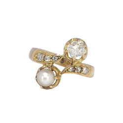 Edwardian 1920's .66ct t.w. Old Cushion Diamond Natural Pearl Bypass Ring 18k