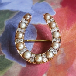 Antique Diamond Horseshoe Pin Circa 1880's Victorian Old Mine Cut Diamond Pearl Lucky Pin Pendant 18k Yellow Gold