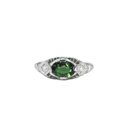 Edwardian 1920's Vintage .81ct t.w. Green Tourmaline & Diamond Filigree Hand Engraved Platinum Ring