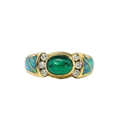 Estate Kabana Cabochon Emerald, Diamond & Opal Inlay 18k Ring