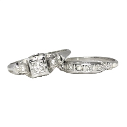 Art Deco 1930's Engagement Wedding Ring Set .11ct t.w. Old European Cut Diamond 18k