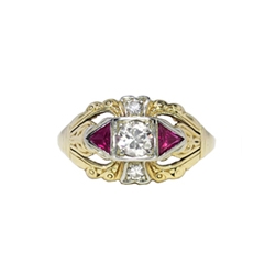 Art Deco 1930's Vintage .75ct t.w. Old European Cut Diamond & Lab Ruby Engagement Ring 14k Platinum