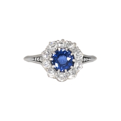 Antique Edwardian 1915 .83ct t.w. Sapphire & Old European Cut Diamond Halo Engagement Ring Platinum