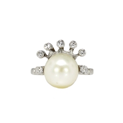 Edwardian 1920's Cultured Akoya Pearl & Diamond Crown Queen Ring 14k White Gold