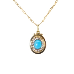 Vintage Art Deco 1930's .67ct t.w. Turquoise & Old Mine Cut Diamond Pendant Necklace 14k Gold