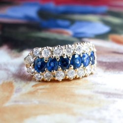 Vintage Sapphire Diamond Ring Circa 1940's Blue Sapphire and Diamond Halo Cocktail Anniversary Ring Band 14k Yellow Gold