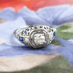 Vintage Belais Art Deco 1930's Old European Cut Diamond & Lab Sapphire Engagement Ring 18k White Gold
