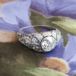 Vintage Art Deco 1930's Bezel Set Fleur De Lis Old European Cut Diamond Platinum Engagement Wedding Anniversary Ring