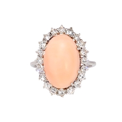 Vintage Retro 1950's 6.50ct t.w. Natural Coral & Old Single Cut Diamond Halo Ring 14k White Gold