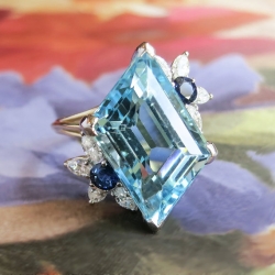 Vintage Estate 1980's Aquamarine Diamond Blue Sapphire Birthstone Cocktail Ring 18k Gold