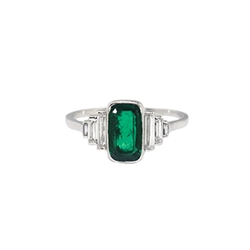 Edwardian 1920's 1.17ct t.w. Old European Cut Diamond & Emerald Engagement Anniversary Ring Platinum