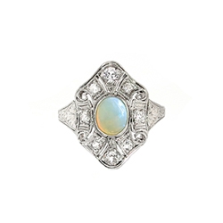 Vintage Art Deco 1930's .77ct t.w. Fire Opal & Diamond Filigree Platinum Birthstone Anniversary Cocktail Ring