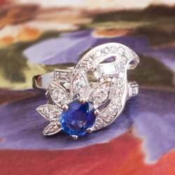 Vintage Sapphire Diamond Ring Circa 1940's Blue Sapphire Cocktail Anniversary Ring Band 14k White Gold