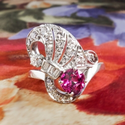 Vintage Pink Tourmaline Ring Circa 1940's Diamond Cocktail Birthstone Anniversary Ring Band Platinum