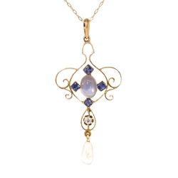 Art Nouveau 1900's .93ct t.w. Natural Moonstone, Sapphire & Diamond Lavalier Pendant Necklace 14k 10k Yellow Gold