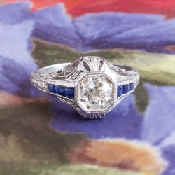 Vintage Art Deco .58ct t.w. Old European Cut Diamond & Sapphire Engagement Ring Platinum