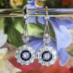 Antique Edwardian Vintage Blue Sapphire Diamond Halo Chandelier Wedding Earrings Platinum 18k Yellow Gold