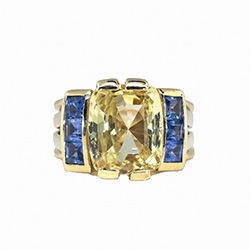 Estate Vintage 1970's 7.19ct t.w. Natural Yellow & Blue Sapphire Cocktail Anniversary Birthstone Ring 18k Yellow Gold