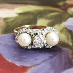 Antique Vintage Edwardian 1920's Old European Cut Diamond Pearl Three Stone Engagement Wedding Ring Platinum 14k Yellow Gold