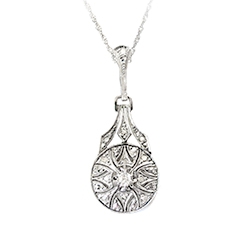Art Deco 1930's Vintage .11ct t.w. Filigree Old European Cut Diamond Pendant Necklace 18k White Gold Platinum