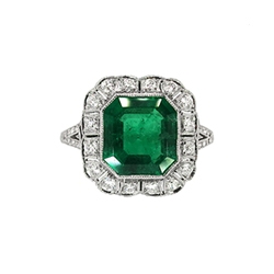 Vintage Edwardian 1920's 2.63ct t.w. Emerald Cut Emerald & Old Cut Diamond Halo Engagement Anniversary Birthstone Ring Platinum