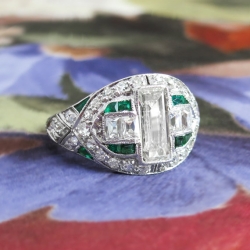 Antique Edwardian Diamond Engagement Ring Emerald Cut French Cut Diamond Emerald Anniversary Ring Platinum